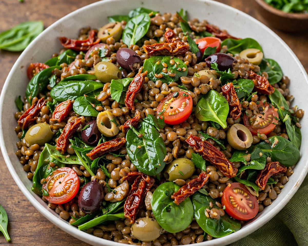 Ensalada Mediterránea de Lentejas, Tomate Seco y Aceitunas