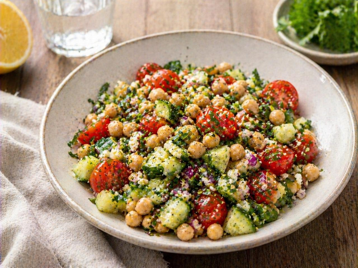 Ensalada Mediterránea de Quinoa, Pepino, Garbanzos y Hierbas