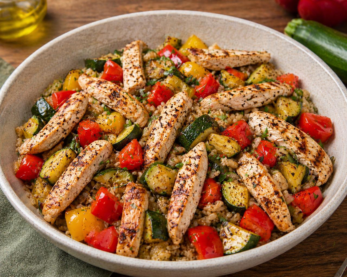 Ensalada de Arroz Integral, Pollo y Verduras Asadas