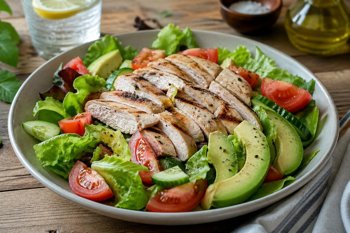 Ensalada de Pollo a la Parrilla, Aguacate y Verduras Verdes