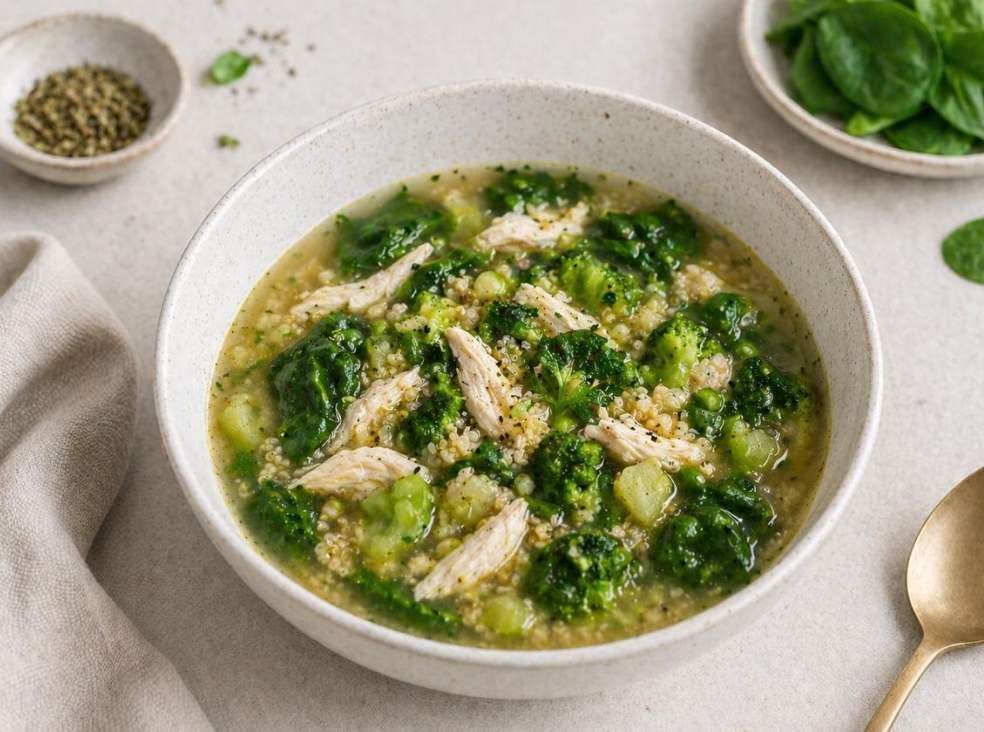 Sopa Proteica de Pollo, Quinoa y Vegetales Verdes