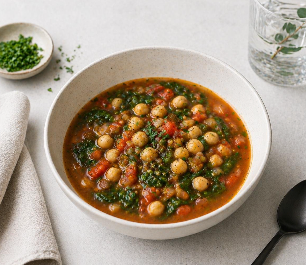 Sopa Funcional de Garbanzos, Espinaca y Tomate