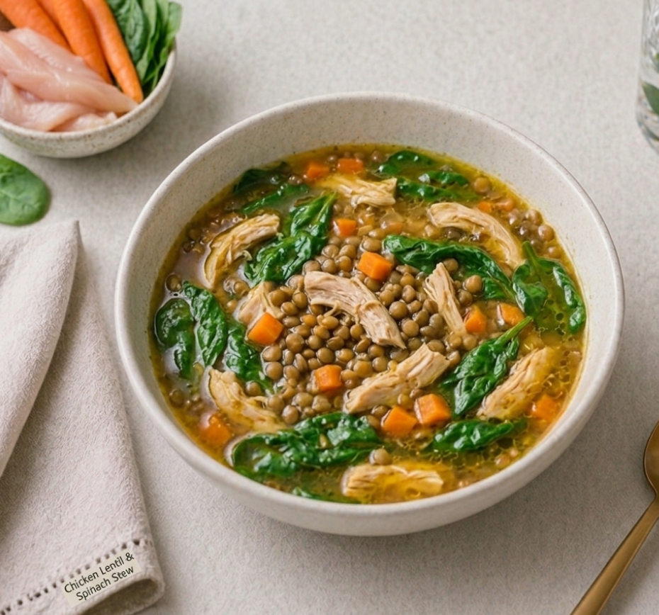 Sopa Reconfortante de Pollo, Lentejas y Espinaca
