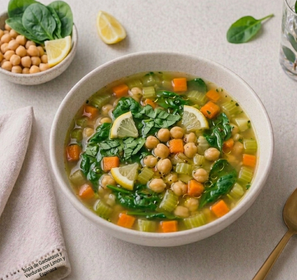 Sopa Mediterránea de Garbanzos, Espinaca y Limón