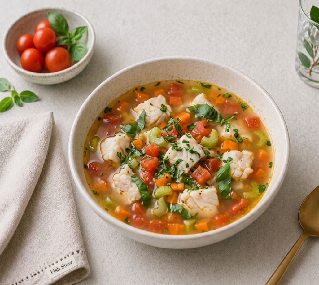 Sopa Mediterránea de Pescado, Tomate y Albahaca