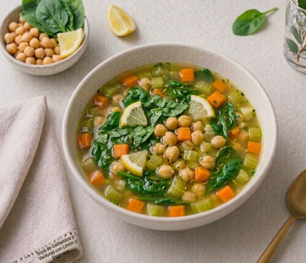 Sopa Mediterránea de Garbanzos, Espinaca y Limón