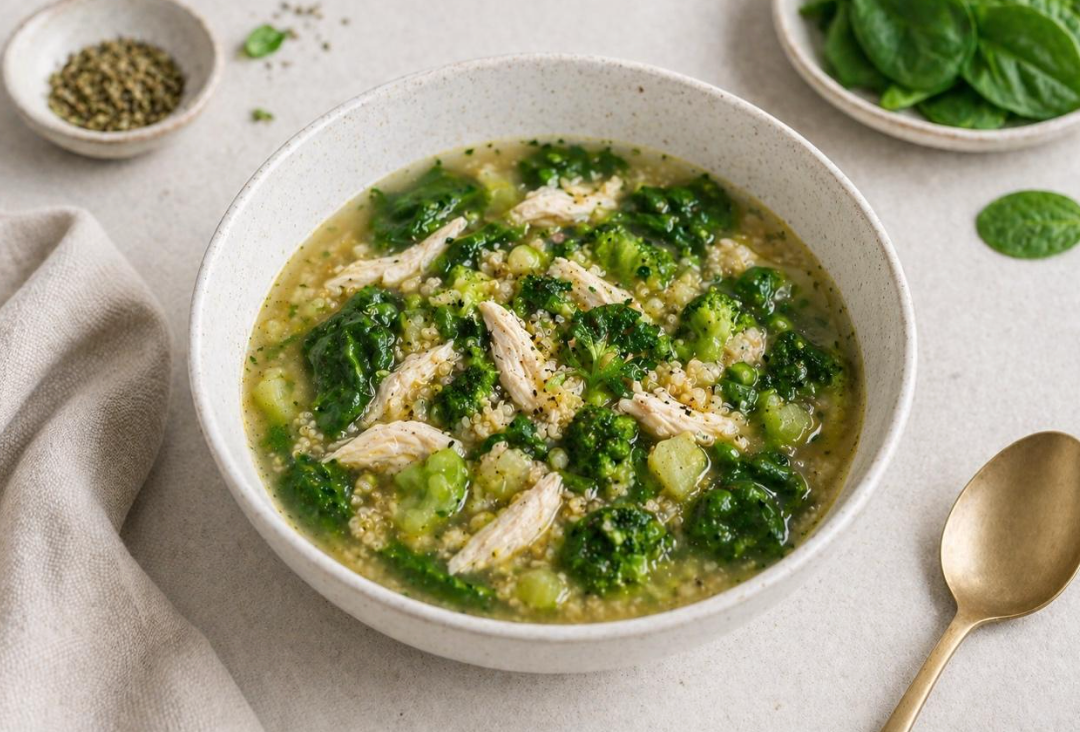 Sopa Proteica de Pollo, Quinoa y Vegetales Verdes