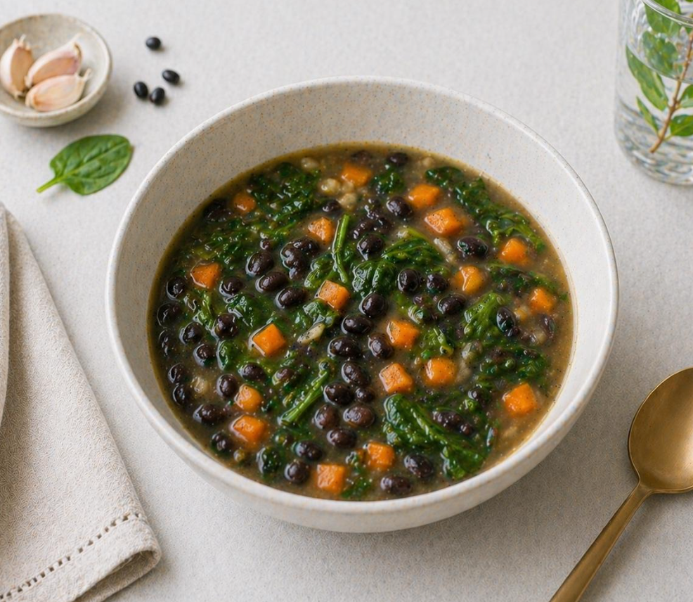 Sopa Mineralizante de Frijoles Negros, Espinaca y Ajo