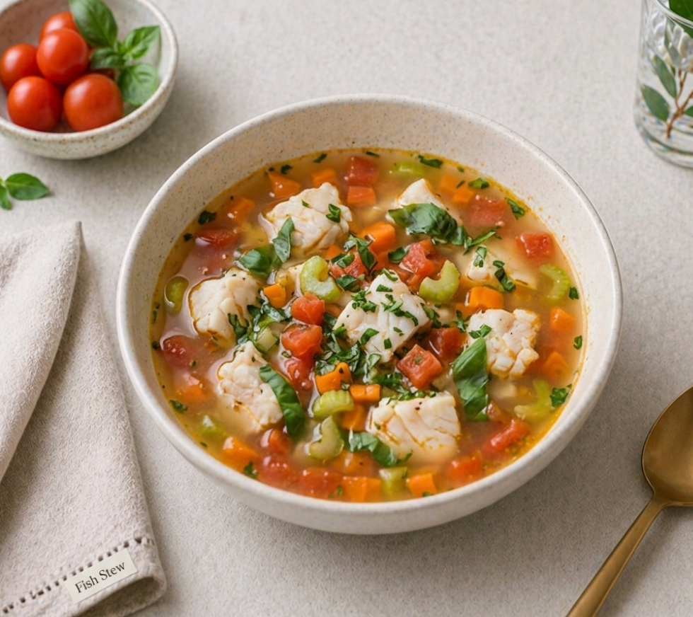 Sopa Mediterránea de Pescado, Tomate y Albahaca