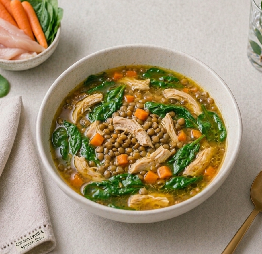 Sopa Reconfortante de Pollo, Lentejas y Espinaca